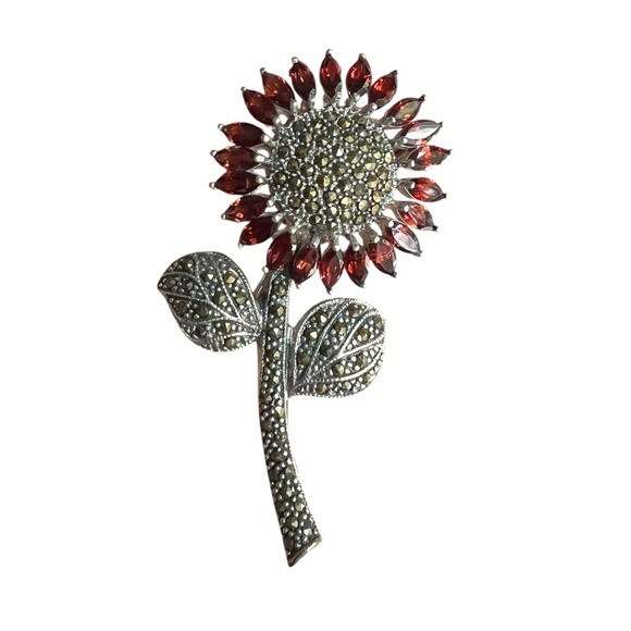 Accessories - Beautiful Red and Silver Sunflower Brooch, approx. 2.5”